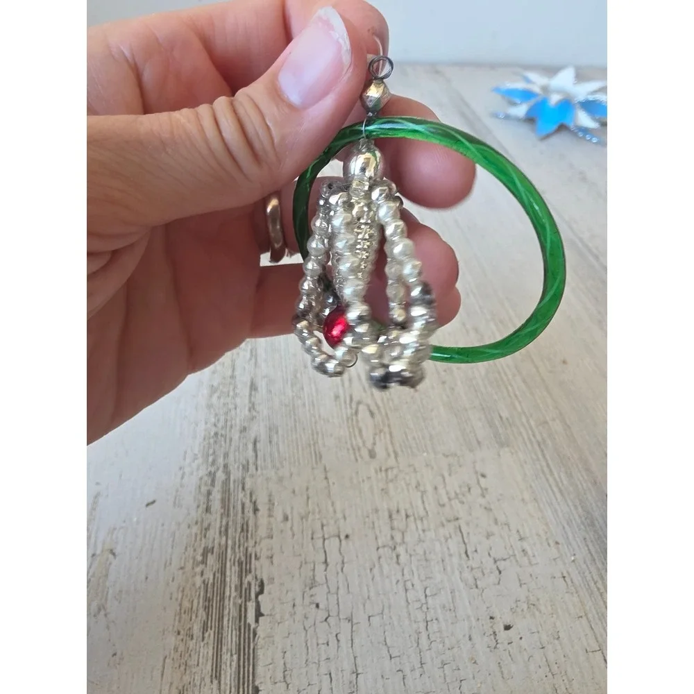 Antique czech beaded glass green silver ornament Xmas tree